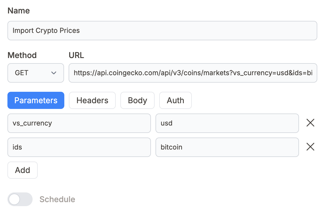 Note API Connector define API request